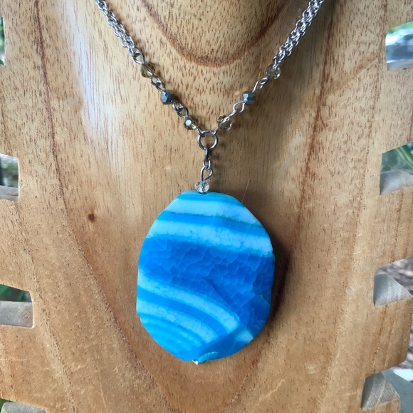 Blue Agate STONE PENDANT NECKLACE - NWT $45 TURQUOISE /Long Silver Tone Chain - Picture 6 of 12